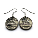 1966 Canada 5 Cents coin hook earrings dangle and drop jewelry Canadian beaver maple leaves Queen Elizabeth II Ottawa Montreal Quebec Toronto Ontario Vancouver Calgary British Columbia Alberta Nova Scotia New Brunswick Manitoba Nunavut Victoria e000575