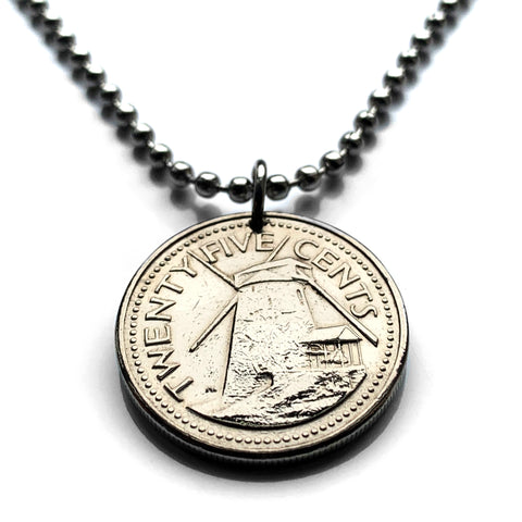 1987 Barbados 25 Cents coin pendant Barbadian Bajan jewelry Morgan Lewis Windmill trident drietand dolphin fish pelican beach Bridgetown caribbean Creole Caribbees West Indies Crop Over festival Errol Barrow Grand Kadooment Day Bimshire n001075