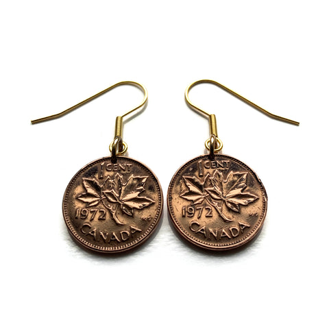 1973 Canada 1 Cent coin hook earrings jewelry Canadian maple leaves twig Queen Elizabeth II Ottawa Montreal Quebec Toronto Ontario Vancouver Calgary British Columbia Alberta Nova Scotia New Brunswick Manitoba Nunavut Victoria beaver e000574