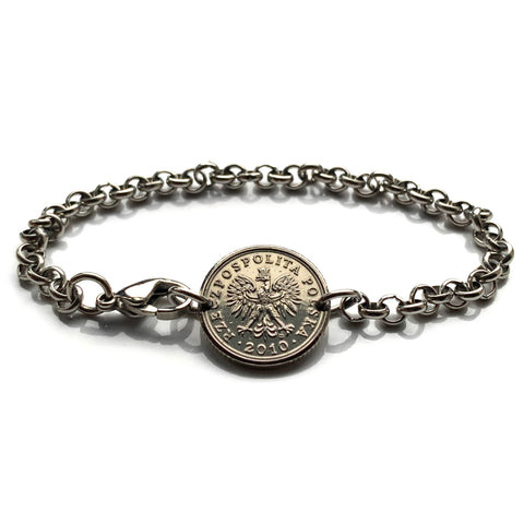 2015 Poland Polska 10 Groszy coin rolo link steel bracelet jewelry white Polish eagle Warsaw Krakow Wroclaw Lodz Poznan Gdansk Szczecin Bydgoszcz Lublin Poles Polans Polonia Białystok Katowice Gdynia Czestochowa Radom Lechitic Zakopane b000134