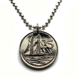 1992 Cayman Islands 25 Cent coin pendant schooner sail boat ship Grand Cayman George Town South Shore Seven Mile Beach Northwest Point East End West Bay Grand Harbour Little Cayman Brac turtles Boatswain's coral reef snorkeling Scuba diving n001170