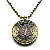 2003 Syria 25 Pounds coin pendant necklace jewelry Syrian hawk of Quraish Central Bank of Syria Aleppo Damascus Homs Latakia Hama Raqqa Deir ez-Zor Al-Hasakah Qamishli Palmyra Apamea Al-Hamidiyah Souq Eagle of Saladin arabic Islamic n003739