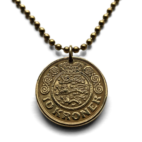 1989 Denmark Danmark 10 Kroner coin pendant Danish blue lions Copenhagen Danes Aarhus Odense Aalborg Scandinavian Nordic Esbjerg Randers Kolding Zealand Funen Faroese Vendsyssel-Thy Jutland Vikings Norsemen Hillerød Roskilde Syddanmark Aabenraa n001708