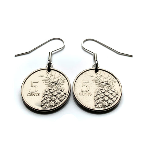 2015 Bahamas 5 Cents coin earrings Bahamian pineapple Nassau Andros Exuma & Cays Junkanoo Rose Beach Rum Cay Paradise Island Pineapple Fest Gregory Town Blue Lagoon Lucayan New Providence Eleuthera Grand Bahama Gold Rock Coco Plum Cabbage Beach e000589