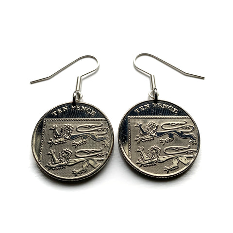 England United Kingdom Great Britain 10 Pence coin earrings English lions Queen Elizabeth London Manchester Birmingham Sheffield Liverpool Leeds Newcastle Reading Portsmouth Norwich Essex Kent e000591