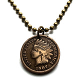1905 USA Indian Head Penny Cent coin pendant Native American Indian First Nation Chief Tribal feathered headdress War bonnet Great Plains American Civil War Navajo Cherokee Choctaw Chippewa Sioux Apache Blackfeet Creek Iroquois Lumbee Chickasaw n000807b