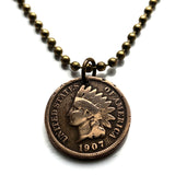 1905 USA Indian Head Penny Cent coin pendant Native American Indian First Nation Chief Tribal feathered headdress War bonnet Great Plains American Civil War Navajo Cherokee Choctaw Chippewa Sioux Apache Blackfeet Creek Iroquois Lumbee Chickasaw n000807b