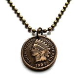 USA Indian Head Penny Cent coin pendant Native American Indian First Nation Chief Tribal feathered headdress War bonnet Great Plains American Civil War Navajo Cherokee Choctaw Chippewa Sioux Apache Blackfeet Creek Iroquois Lumbee Pueblo Chickasaw n000807