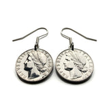 1949 Italy 1 Lira coin earrings Italian lady Ceres orange sprig Rome Florence Milan Venice Napoli Verona Torino Assisi Capri Siena Ferrara Ancona Palermo Cagliari Perugia Bergamo Parma Ragusa Salerno Pisa Matera Sorrento Trento Bari Amalfi Veneto e000599