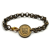 1984 Portugal 1 Escudo coin bracelet Portuguese Quinas castles Quincunx cross Lisboa Oporto Sintra Braga Coimbra Évora Faro Santa Maria de Belém Vila Nova de Gaia Mirandese Guimarães Praia da Marinha Viseu Setúbal Amadora Funchal Almada Portalegre b000139