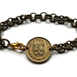 1984 Portugal 1 Escudo coin bracelet Portuguese Quinas castles Quincunx cross Lisboa Oporto Sintra Braga Coimbra Évora Faro Santa Maria de Belém Vila Nova de Gaia Mirandese Guimarães Praia da Marinha Viseu Setúbal Amadora Funchal Almada Portalegre b000139