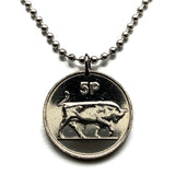 1982 Ireland Éire 5 Pence coin pendant necklace jewelry bull Irish Gaelic harp Cláirseach Dublin Cork Limerick Galway Waterford Guinness Saint Patricks Day Hibernia Connacht Leinster Derry Drogheda n000508