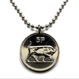 1978 Ireland Éire 5 Pence coin pendant necklace jewelry bull Irish Gaelic harp Cláirseach Dublin Cork Limerick Galway Waterford Guinness Saint Patricks Day Hibernia Connacht Leinster Derry Drogheda n000508