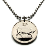 1982 Ireland Éire 5 Pence coin pendant necklace jewelry bull Irish Gaelic harp Cláirseach Dublin Cork Limerick Galway Waterford Guinness Saint Patricks Day Hibernia Connacht Leinster Derry Drogheda n000508
