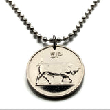 1982 Ireland Éire 5 Pence coin pendant necklace jewelry bull Irish Gaelic harp Cláirseach Dublin Cork Limerick Galway Waterford Guinness Saint Patricks Day Hibernia Connacht Leinster Derry Drogheda n000508