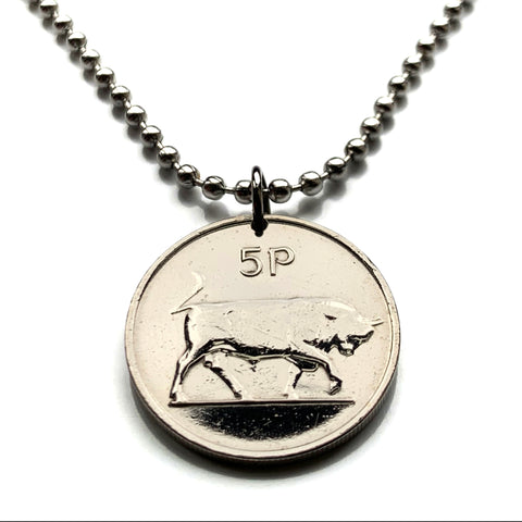 1982 Ireland Éire 5 Pence coin pendant necklace jewelry bull Irish Gaelic harp Cláirseach Dublin Cork Limerick Galway Waterford Guinness Saint Patricks Day Hibernia Connacht Leinster Derry Drogheda n000508