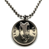 1982 Ireland Éire 5 Pence coin pendant necklace jewelry bull Irish Gaelic harp Cláirseach Dublin Cork Limerick Galway Waterford Guinness Saint Patricks Day Hibernia Connacht Leinster Derry Drogheda n000508