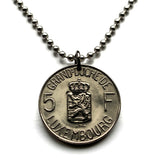 1962 Luxembourg Letzeburg 5 Francs coin pendant necklace jewelry Luxembourgish lion Charlotte Grand Duchess Esch-sur-Alzette Differdange Dudelange Wormeldange Grund Diekirch Schengen Pétange Rumelange Redange Bourscheid n003785