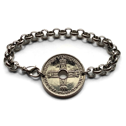 1949 Norway Norge Noreg Krone coin stainless steel rolo link bracelet Norwegian crown initial H numeral 7 Oslo Bergen Stavanger Sandnes Trondheim Vikings Bokmal Nynorsk Viken Drammen Fredrikstad Sarpsborg Norse Hordaland Alesund Scandinavia Nordic b000141