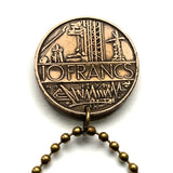 1980 France 10 Francs coin key chain keyring pendant necklace jewelry French map Paris Marseille Lyon Toulouse Angers Versailles Bordeaux Nice Strasbourg Lille Montpellier Avignon Saint-Étienne Le Havre Metz Carcassonne n000133