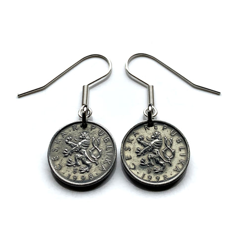 1998 Czechia Czechoslovakia 10 Haleru coin earrings Czech lion Prague Charles Bridge Brno Ostrava Plzeň Bohemia Moravia Liberec Olomouc Kutná Hora Zlín Pardubice Ceske Budejovice Cesky Krumlov Hradec Králové Ústí nad Labem Havířov Kladno Karlštejn e000608