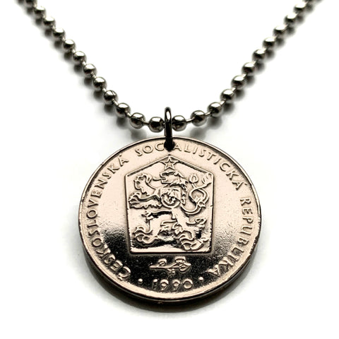 1990 Checoslovaquia 2 Koruny moneda colgante collar joyería república socialista León checo Escudo eslovaco Praga Cesky Krumlov Bratislava Bohemia Moravia Puente de Carlos Brno Cesky Krumlov Kutna Hora Ostrava Eslovaquia n000433