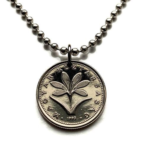 Hungary Magyar 2 Forint coin pendant necklace jewelry Hungarian crocus flower Iris Budapest Debrecen Szekelys Szeged Miskolc Gellert Hill Szombathely Sopron blossom flowering Pecs Nyiregyhaza Kecskemet n000622