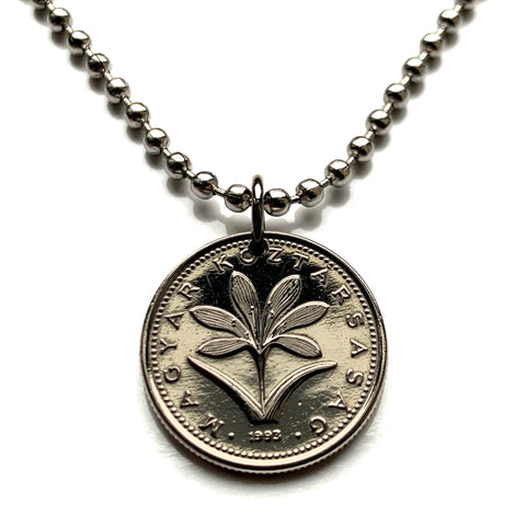 Hungary Magyars 2 Forint coin pendant necklace jewelry Hungarian crocus flower Iris Budapest Debrecen Szekelys Szeged Miskolc Gellert Hill Szombathely Sopron blossom flowering Pecs Nyiregyhaza Kecskemet n000622