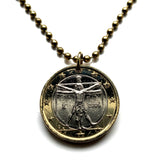 2002 Italy 1 Euro coin pendant necklace jewelry Vitruvian Man Leonardo da Vinci Vitruvius Canon of Proportions human body Rome Florence Venice Milan Torino Napoli Palermo Matera Amalfi Coast Pisa Siena Parma n000559