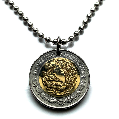 Mexico 1 Peso coin pendant Mexican golden eagle Monterrey Guadalajara Puebla Oaxaca Juárez Morelia Michoacán Zapopan Toluca Chiapas Pachuca Ecatepec Tijuana León Culiacán Veracruz Yucatán Jalisco Acapulco Cancun Cuernavaca Hidalgo Durango n001570