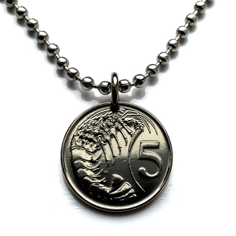 1992 Cayman Islands 5 Cents coin pendant Caiman Crayfish yabbies lobster George Town Seven Mile Beach Grand Cayman ocean Caribbean sea snorkeling Bodden Town n001155