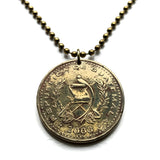 2000 Guatemala 1 Quetzal coin pendant necklace fashion jewelry Resplendent Quetzal bird Paz Firme y Duradera Mixco Villa Nueva Escuintla Huehuetenango Jutiapa Petapa Tikal Quiriguá Mayas n003227