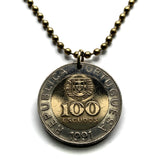 1991 Portugal 100 Escudos coin pendant Portuguese Quinas castles Lisbon Porto Sintra Braga Coimbra Évora Faro Santa Maria de Belém Aveiro Ourique Mirandese Castilian Vila Nova de Gaia Ponta Delgada Guimarães Lagos Fatima Algarve Praia da Marinha n002293