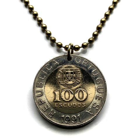 1991 Portugal 100 Escudos coin pendant Portuguese Quinas castles Lisbon Porto Sintra Braga Coimbra Évora Faro Santa Maria de Belém Aveiro Ourique Mirandese Castilian Vila Nova de Gaia Ponta Delgada Guimarães Lagos Fatima Algarve Praia da Marinha n002293