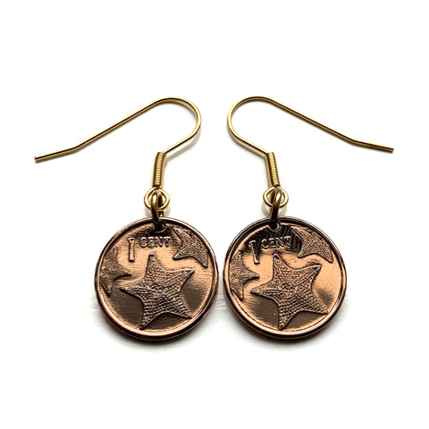 2015 Bahamas 1 Cent coin earrings fashion jewelry Bahamian starfish sea star Nassau Andros Exuma Junkanoo Rose Island Lighthouse Beach Rum Cay sand sea Paradise Island caribbean Junkanoo music Cabbage Beach vacation holiday e000062