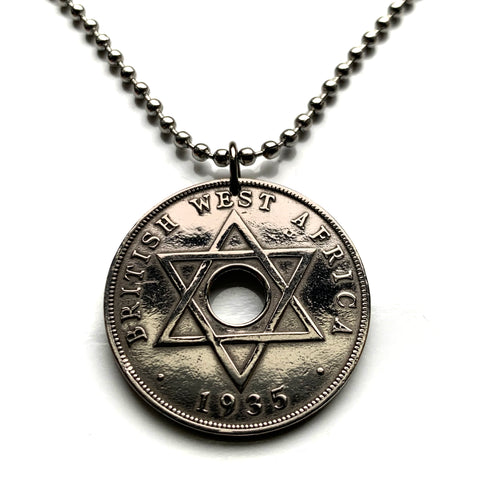 1935 British West Africa 1 Penny coin pendant necklace jewelry hexagram star Freetown Sierra Leone Nigeria Ghana Gambia Gold Coast Seal of Solomon Accra Abuja Lagos Banjul Kumasi star of David Zion n002617