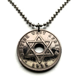 1935 British West Africa 1 Penny coin pendant necklace jewelry hexagram star Freetown Sierra Leone Nigeria Ghana Gambia Gold Coast Seal of Solomon Accra Abuja Lagos Banjul Kumasi star of David Zion n002617