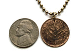 1927 Palestine 1 Mil coin pendant necklace jewelry Palestinian olive branch Hebron West Bank Nablus Gaza Strip olive wreath Rafah Deir al-Balah Al-Bireh Abu Dis Tubas Arabic Hebrew Israel World War 2 era n000995