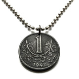 1942 Czechoslovakia Bohemia & Moravia 1 Koruna coin pendant World War 2 Nazi German occupation Czechia lion Prague Slovakia Bratislava Charles Bridge Brno Cesky Krumlov Kutna Hora Liberec Silesia n000990