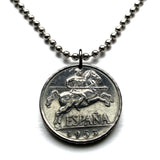 1953 España Spain 10 Cent coin pendant Iberian rider Horseman spear jinete Spanish Lusitano stallion prancing horse dressage equestrian Madrid Barcelona Toledo Sevilla Granada Zaragoza Córdoba Valencia Málaga Bilbao Coruña Cadiz Vigo Gijón Ibiza n003821