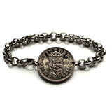 1954 England United Kingdom 1 Shilling coin bracelet English crown 3 lions Queen Elizabeth London Birmingham Liverpool Leeds Sheffield Manchester Bristol Leicester Tudor Nottingham Newcastle Westminster York Oxford Cambridge Sunderland Kent Sussex b000145