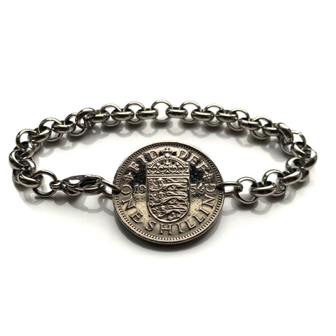 1954 England United Kingdom 1 Shilling coin bracelet English crown 3 lions Queen Elizabeth London Birmingham Liverpool Leeds Sheffield Manchester Bristol Leicester Tudor Nottingham Newcastle Westminster York Oxford Cambridge Sunderland Kent Sussex b000145