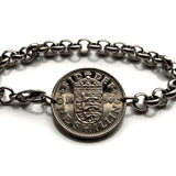 1954 England United Kingdom 1 Shilling coin bracelet English crown 3 lions Queen Elizabeth London Birmingham Liverpool Leeds Sheffield Manchester Bristol Leicester Tudor Nottingham Newcastle Westminster York Oxford Cambridge Sunderland Kent Sussex b000145