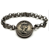 1954 England United Kingdom 1 Shilling coin bracelet English crown 3 lions Queen Elizabeth London Birmingham Liverpool Leeds Sheffield Manchester Bristol Leicester Tudor Nottingham Newcastle Westminster York Oxford Cambridge Sunderland Kent Sussex b000145