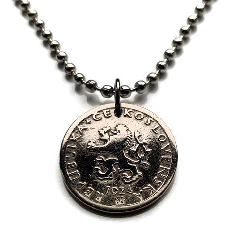 1928 Czechoslovakia 20 Haleru coin pendant Czech lion Slovak shield Prague Bratislava Bohemia Moravia Charles Bridge Karlstejn Brno Czech Silesia Kutna Hora Ostrava Plzen Karlovy Vary n000201