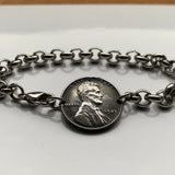 USA 1943 Steel Penny 1 Cent coin stainless steel rolo link bracelet World War 2 era Allies Abraham Lincoln wheat steelie magnetic coin Americana Victory b000099