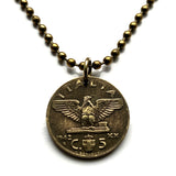 1942 Italy 5 Centesimi coin pendant World War 2 era Italian eagle Savoia Shield Rome Milan Torino Perugia Palermo Siena Capri Sicilia Verona Positano Pisa Lazio Parma Bari Ancona Lecce Matera Mussolini n000411