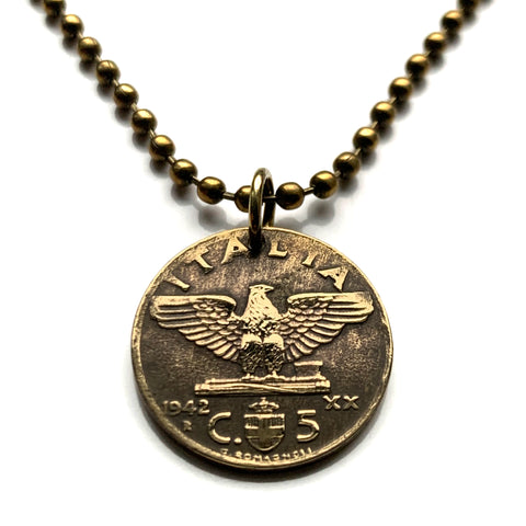 1942 Italy 5 Centesimi coin pendant World War 2 era Italian eagle Savoia Shield Rome Milan Torino Perugia Palermo Siena Capri Sicilia Verona Positano Pisa Lazio Parma Bari Ancona Lecce Matera Mussolini n000411