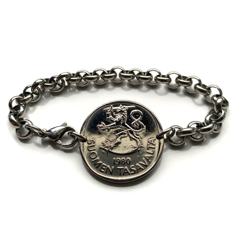 1980 Finland Suomi Markka coin stainless steel rolo link bracelet Finnish lion Helsinki Finns Finnic Espoo Tampere Vantaa Oulu Turku Jyväskylä Nordic Baltic Lahti Ostrobothnia Porvoo Rovaniemi Uusimaa Kuopio Savonlinna Mikkeli Lappeenranta Bothnia b000151