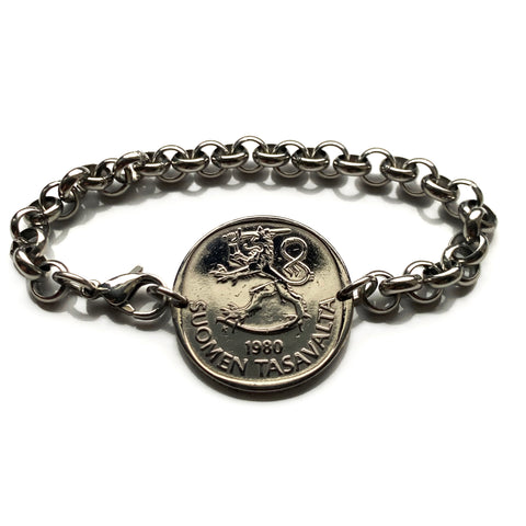 1984 Finland Suomi Markka coin stainless steel rolo link bracelet Finnish lion Helsinki Finns Finnic Espoo Tampere Vantaa Oulu Turku Jyväskylä Nordic Baltic Lahti Ostrobothnia Porvoo Rovaniemi Uusimaa Kuopio Savonlinna Mikkeli Lappeenranta Bothnia b000151
